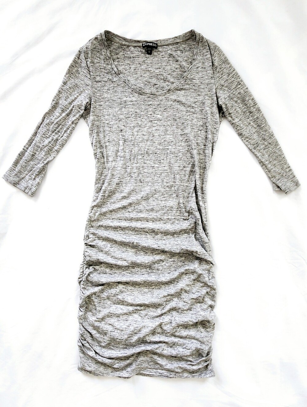 Express Gray Ruched Scoop-Neck Mini Dress 3/4 sleeve